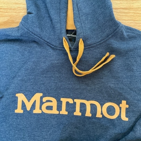 Marmot Women’s Graphic Hoody Sweatshirt outdoors Hiking Camping Warm Blue/Gold L - Picture 4 of 8